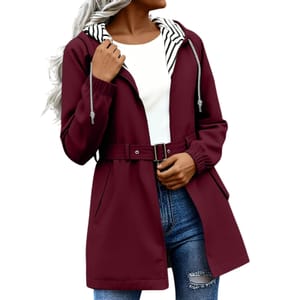 Women's Hooded Lightweight Trench Coat with Belt Windbreaker Size L