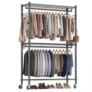 Himimi Double Rod Garment Rack with Adjustable Shelves and Wheels