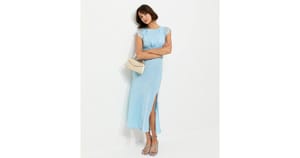 Light Blue Satin Lace Sleeve Split Midi Dress