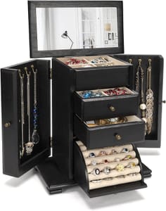 Emfogoo Jewellery Box with Mirror, 4-Layer Organizer (Black)