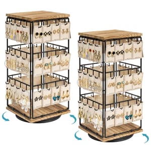 2-Pack 360 Rotating Earring Display Stand with Wooden Base Rustic-Brown