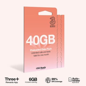 Three PAYG Voice SIM Pack, 40GB, £10