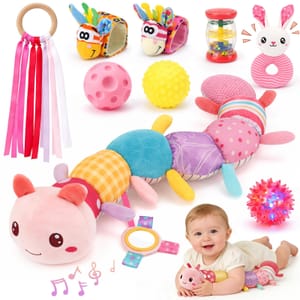 Joyreal Baby Girl Toys Set: Musical Caterpillar, Rattles, Ribbons (0-12M)