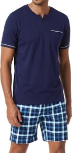Bresdk Men's Short Cotton Pyjama with Pockets, V-Neck, Blue XL