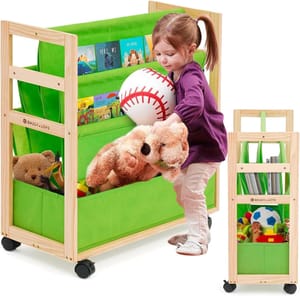 Kids 4-Tier Bookcase with Storage Bins and Brakes