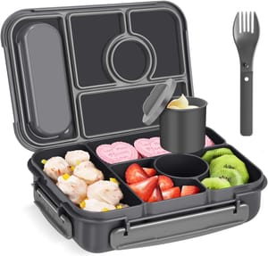 Amathley Bento Lunch Box 1300ml, 5 Compartments, Leakproof, Dark Gray