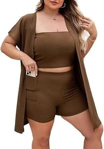 Vaimti 3-Piece Plus-Size Outfit: Crop Top, Shorts, Cardigan