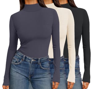 Ekouaer Women's Ribbed Long Sleeve Tops, Basic, Black/Dark Grey/Beige, XL