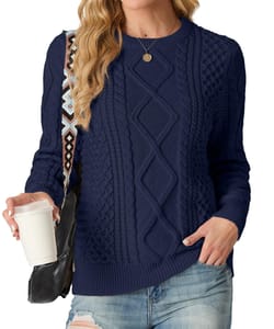 GRECERELLE Women's Crew Neck Cable Knit Sweater Navy Blue L
