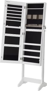 SONGMICS Freestanding Lockable Jewellery Cabinet with Frameless Mirror, White