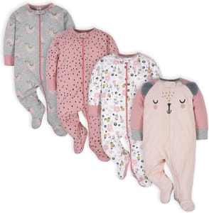 Gerber 4-Pack Baby Girls Footed Sleepers, Bear Pink, Newborn