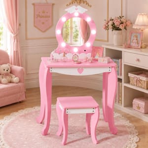 Xilingol Kids Vanity Set with Lighted Mirror, Stool, Storage, Pink