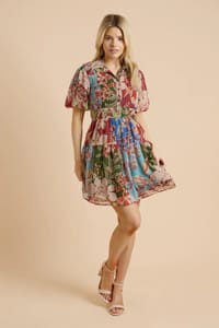 Patchwork Floral Puff Sleeve Dropped Waist Shirt Mini Dress