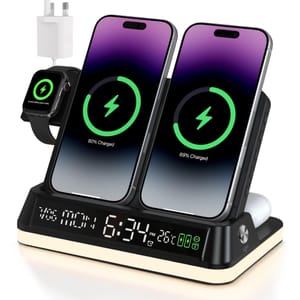 7-in-1 Wireless Charging Station with Auto-Sync Clock Sunset Nightlight