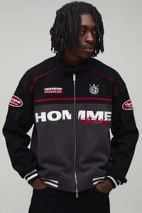 Man Boxy Fit Biker Neck Colour Block Moto Jersey Jacket