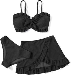 Arshiner Girls 3-Piece Swim Set with Cover-Up, Black, 6-7Y