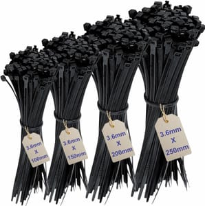 ZARB Black Cable Ties, 200 Pcs, 4 Sizes, 3.6mm, HeavyDuty