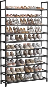 SONGMICS 10-Tier Space-Saving Shoe Rack, Black, Metal Frame