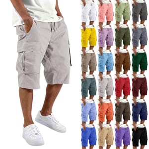 DEAL STACK - Men's Cargo Shorts, 3/4 Length, Quick-Dry Cotton, Light Gray, L