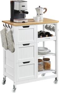 Yaheetech Mobile Kitchen Island, 3 Drawers, Shelves, Bamboo Worktop & 6 Hooks