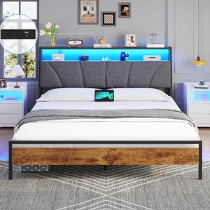 DICTAC King Size Bed Frame with Upholstered Storage Headboard, 150x200