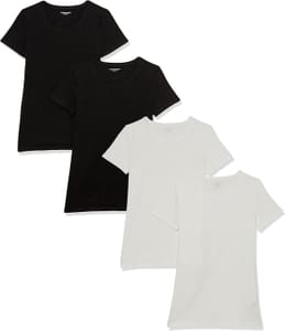 Amazon Essentials 4 Pack Women's T-Shirts, Black/White, M (£5.93/£5.30 S&S)
