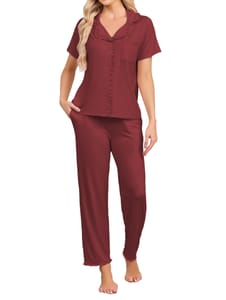 Famulily Women's Short Sleeve Pyjamas Set, Button-Down, 2-Piece, Wine, M
