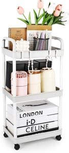Trendecor 3-Tier Plastic Rolling Storage Cart with Hooks