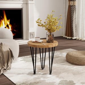 Round Elm Coffee Table with Metal Legs and Non-Slip Feet