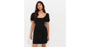 Black Puff Sleeve v Waist Mini Dress