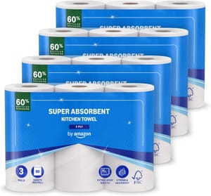 Amazon Super Absorbent Kitchen Towels, 3-Ply, 12 Rolls - £10.31 S&S Voucher