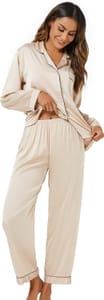 Xuepelit Silk Satin Pajamas Set for Women, Long, Champagne XL