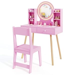 Kids Princess Vanity Desk Set with 2-Color LED Lighted Acrylic Mirror (Pink)