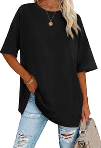 Demegimi Women's Oversized Loose Fit Round-Neck Tee, Black, L
