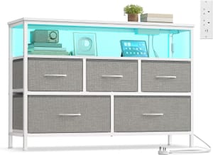 SONGMICS Chest of Drawers with LED Lights, Charging Station, Grey