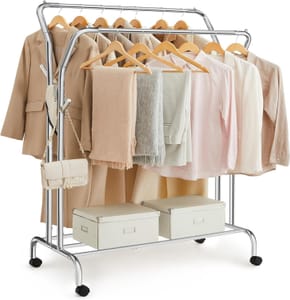SONGMICS Heavy-Duty Metal Clothes Rail with Wheels and Shelf