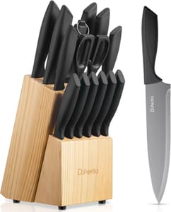 D.Perlla 15-Piece Stainless Steel Knife Set with Block, Non-Stick Coating