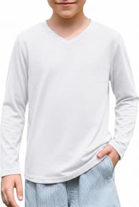 Ocextami Boys Long Sleeve T-Shirts Solid V-Neck Top White