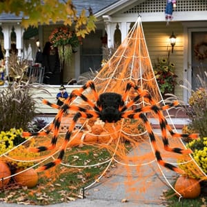 Halloween Spider Web Set: 50'' Giant Spider, 200'' Triangular Web