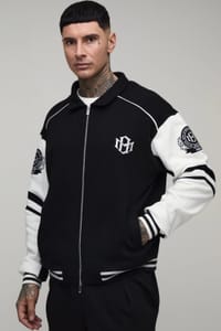 Tall Boxy Fit Collared Colour Block Varsity Jersey Jacket