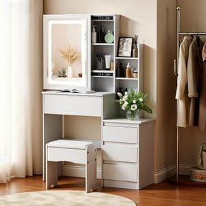 Zvoght Vanity Table with LED Mirror, 9-Drawer, 3 Lighting Modes