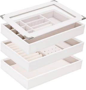 White 3-Layer Stackable Jewellery Tray with Clear Lid