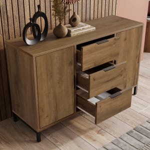 Dark Oak Sideboard Cabinet - 2 Doors, 3 Drawers & Adjustable Shelf