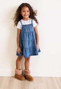 Age 6-7 Younger Girl Blue Denim Strawberry Dress & T-Shirt Set