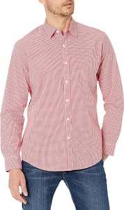 Amazon Essentials Men's Regular-Fit Long-Sleeve Poplin Shirt, Red Gingham, L