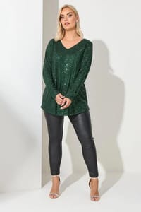 YOURS LONDON Curve Green Sequin V-Neck Top