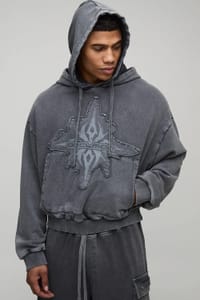 Man Shrunken Boxy Loopback Washed OFCLMAN Applique Hoodie