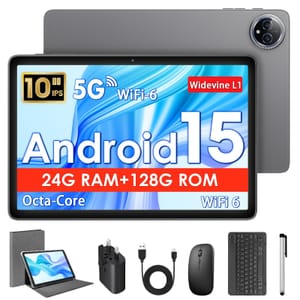 10-Inch Android 15 Tablet with Case, Keyboard, Mouse, Octa-Core Grey