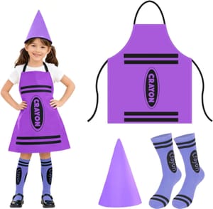 Kids Crayon Costume 3-Piece Kit: Apron, Hat, Socks (Purple)
