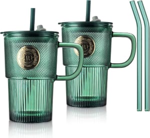 Joeyan 430ml Green Glass Tumbler Pair with Straws and Lids